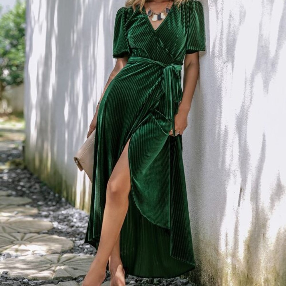 Wrap Knot Side High Low Hem Velvet Dress - Picture 4 of 7